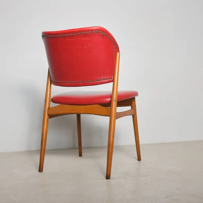 Pamono Scandinavian Beech Chair with Red Skai Upholstery, 1950s Sale