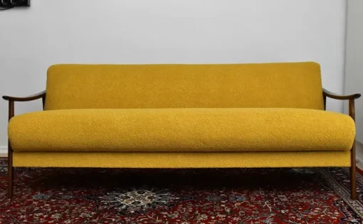 Pamono Scandinavian Foldable Teak Sofa in Yellow Bouclé, 1960s Sale