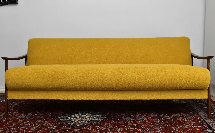 Pamono Scandinavian Foldable Teak Sofa in Yellow Bouclé, 1960s Sale