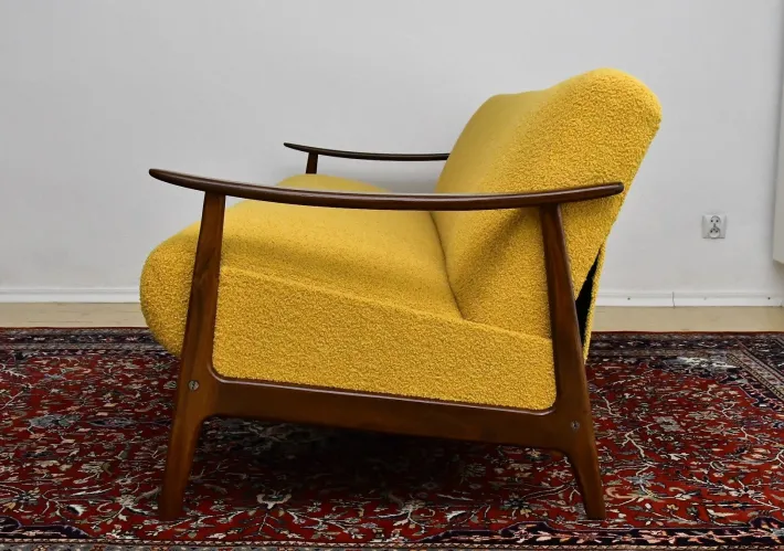 Pamono Scandinavian Foldable Teak Sofa in Yellow Bouclé, 1960s Sale