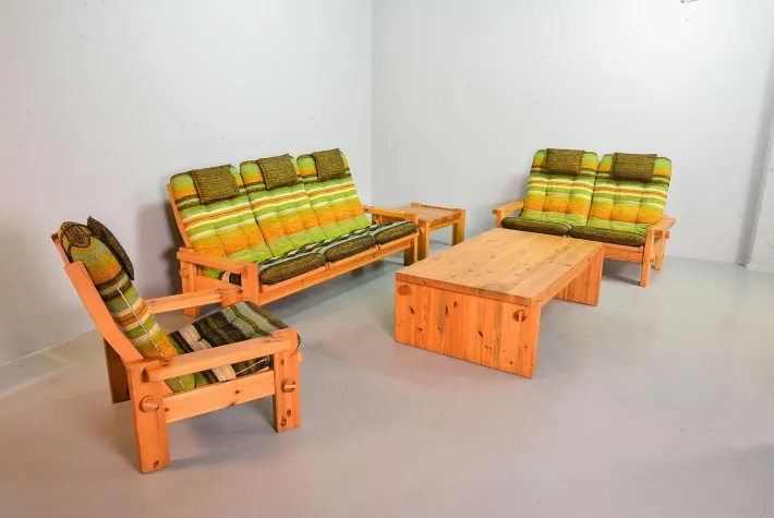 Pamono Scandinavian Seating Group in Pinewood & Rainbow Fabric by Yngve Ekström for Swedese, 1970s, Set of 5 Clearance