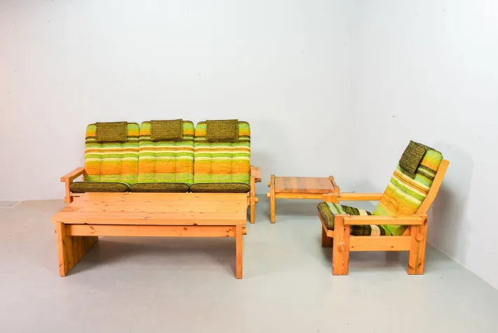 Pamono Scandinavian Seating Group in Pinewood & Rainbow Fabric by Yngve Ekström for Swedese, 1970s, Set of 5 Clearance