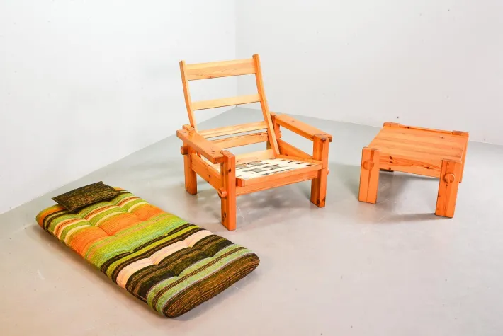 Pamono Scandinavian Seating Group in Pinewood & Rainbow Fabric by Yngve Ekström for Swedese, 1970s, Set of 5 Clearance
