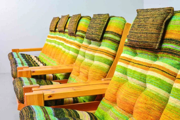 Pamono Scandinavian Seating Group in Pinewood & Rainbow Fabric by Yngve Ekström for Swedese, 1970s, Set of 5 Clearance