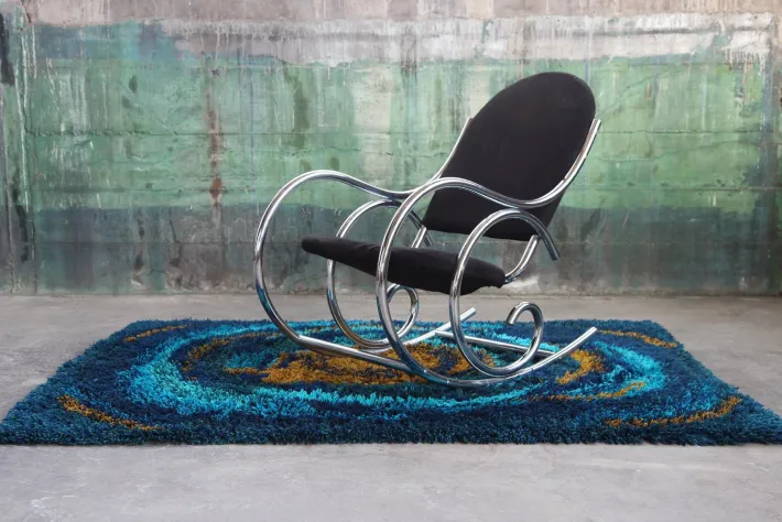 Pamono Sculptural Chrome and Black Velour Rocking Chair in the style of Milo Baughman, 1970s Hot