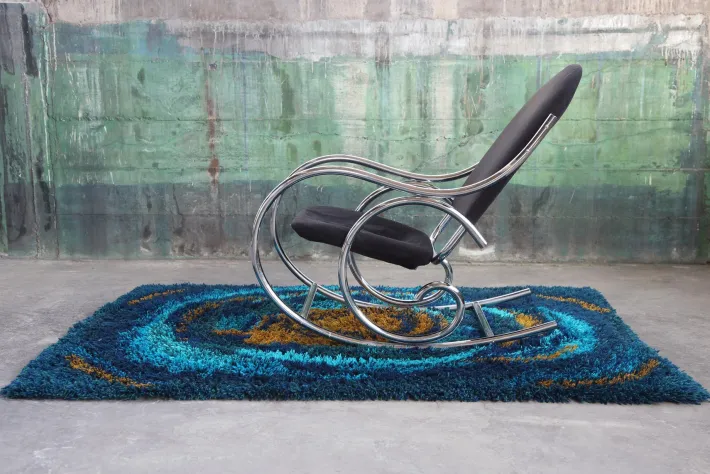 Pamono Sculptural Chrome and Black Velour Rocking Chair in the style of Milo Baughman, 1970s Hot