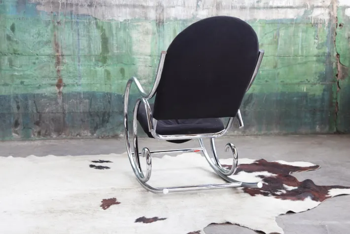Pamono Sculptural Chrome and Black Velour Rocking Chair in the style of Milo Baughman, 1970s Hot