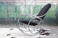 Pamono Sculptural Chrome and Black Velour Rocking Chair in the style of Milo Baughman, 1970s Hot