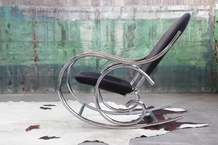 Pamono Sculptural Chrome and Black Velour Rocking Chair in the style of Milo Baughman, 1970s Hot