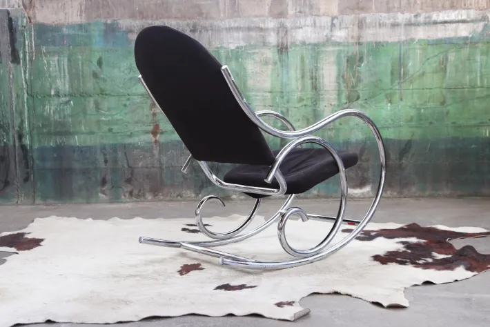 Pamono Sculptural Chrome and Black Velour Rocking Chair in the style of Milo Baughman, 1970s Hot