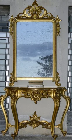 Pamono Second Half of the 20th Century Console with Mirror in Carved and Gilded Wood, France, 1890s, Set of 2 Clearance
