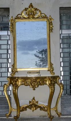 Pamono Second Half of the 20th Century Console with Mirror in Carved and Gilded Wood, France, 1890s, Set of 2 Clearance