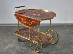 Pamono Serving Drink Bar Cart Trolley with Side Flaps in Marquetry Inlays, 1970s