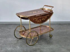 Pamono Serving Drink Bar Cart Trolley with Side Flaps in Marquetry Inlays, 1970s