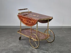 Pamono Serving Drink Bar Cart Trolley with Side Flaps in Marquetry Inlays, 1970s