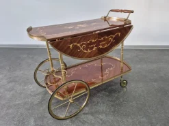 Pamono Serving Drink Bar Cart Trolley with Side Flaps in Marquetry Inlays, 1970s