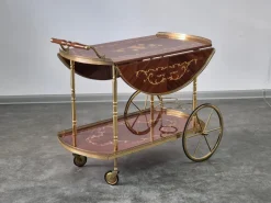 Pamono Serving Drink Bar Cart Trolley with Side Flaps in Marquetry Inlays, 1970s