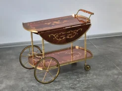 Pamono Serving Drink Bar Cart Trolley with Side Flaps in Marquetry Inlays, 1970s