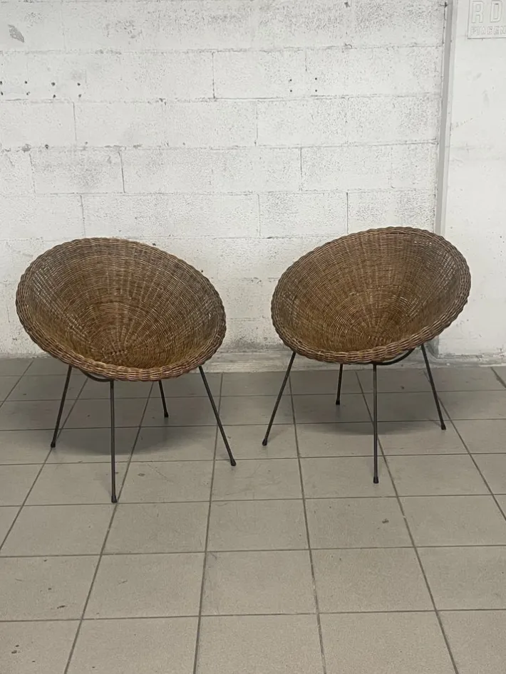 Pamono Set of Armchairs with Wicker Seat, 1950s New