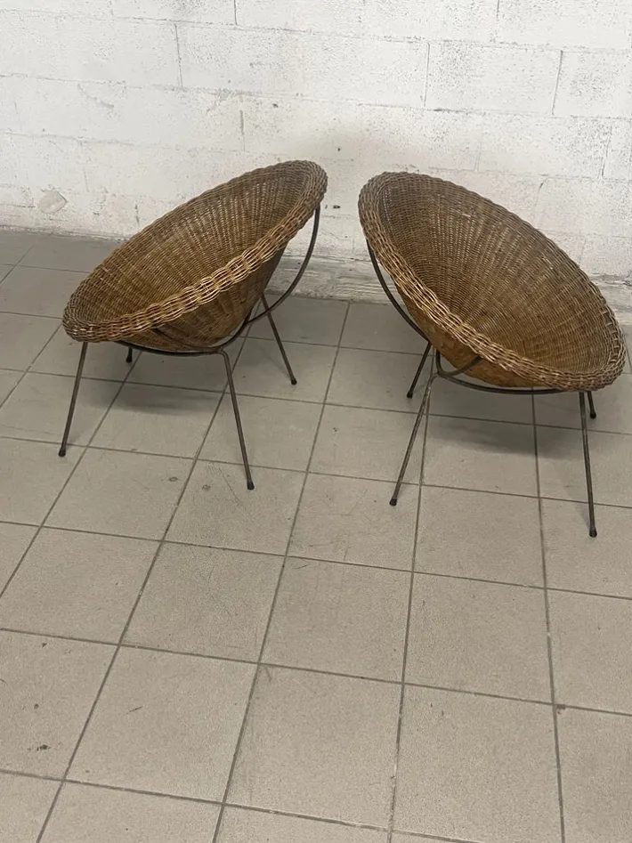 Pamono Set of Armchairs with Wicker Seat, 1950s New