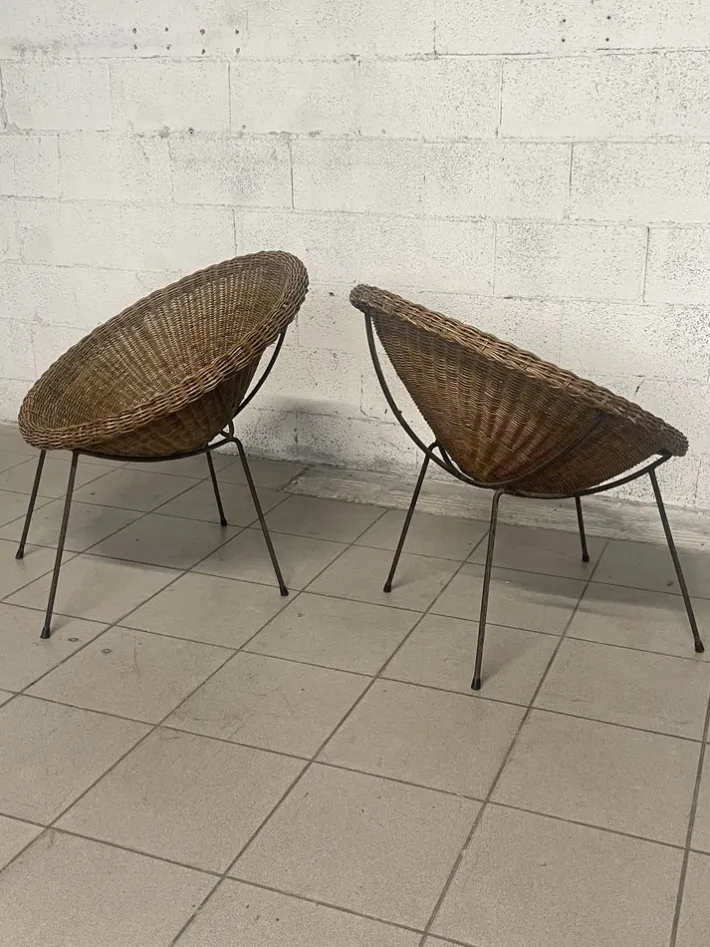 Pamono Set of Armchairs with Wicker Seat, 1950s New