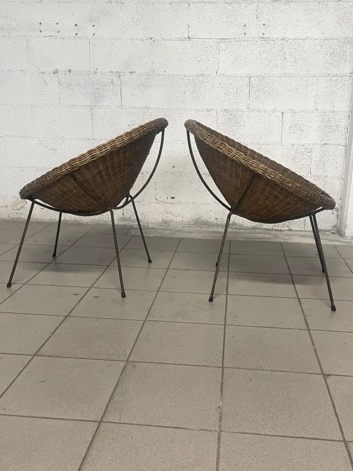 Pamono Set of Armchairs with Wicker Seat, 1950s New