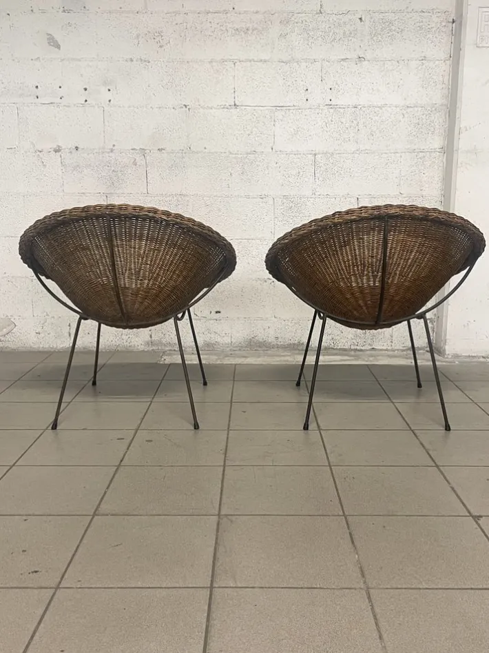 Pamono Set of Armchairs with Wicker Seat, 1950s New