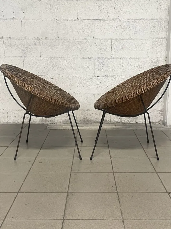 Pamono Set of Armchairs with Wicker Seat, 1950s New