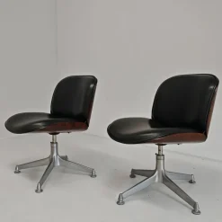 Pamono Set of Chairs in Black Eco-Leather and Walnut from Mim Roma, 1960s Sale
