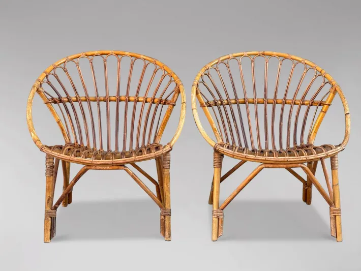 Pamono Set of French Circle Frame Bamboo & Rattan Lounge Chairs, 1960s Sale