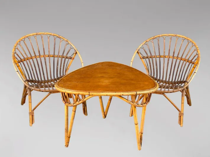 Pamono Set of French Circle Frame Bamboo & Rattan Lounge Chairs, 1960s Sale