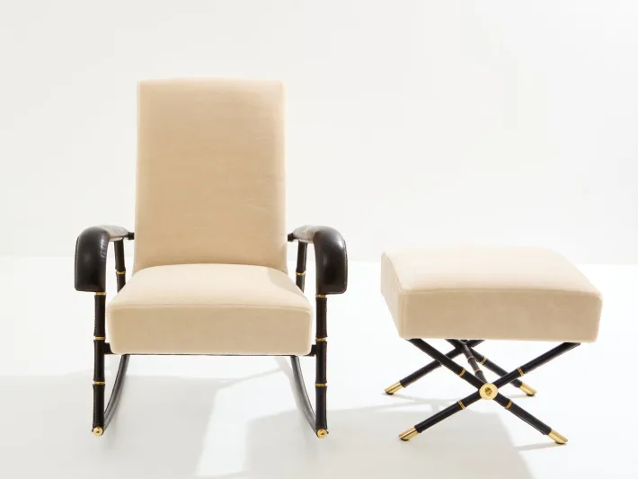 Pamono Set of Leather and Velvet Rocking Chair with Ottoman by Jacques Adnet, 1950 Clearance