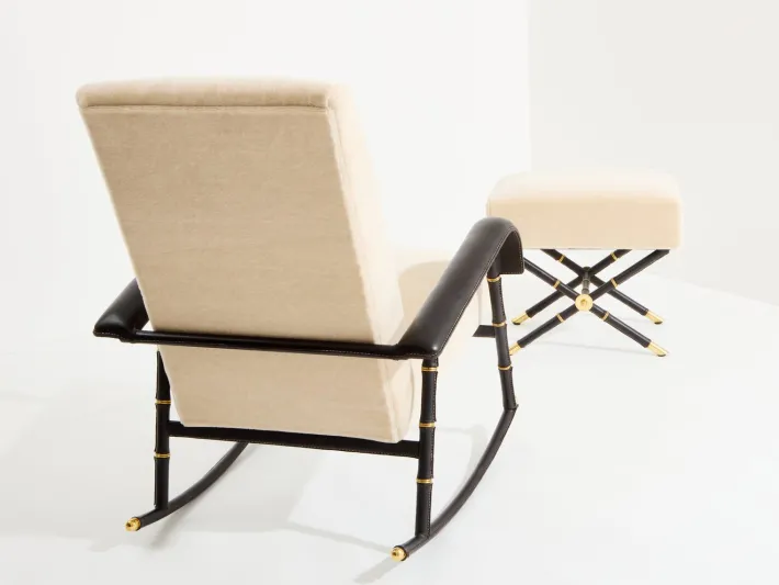 Pamono Set of Leather and Velvet Rocking Chair with Ottoman by Jacques Adnet, 1950 Clearance