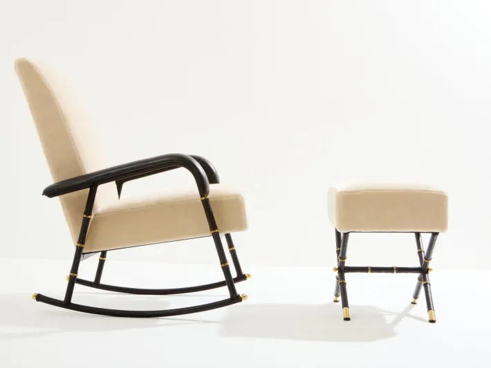 Pamono Set of Leather and Velvet Rocking Chair with Ottoman by Jacques Adnet, 1950 Clearance
