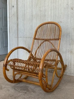 Pamono Set of Mid-Century Bamboo Rocking Chairs in the Style of Franco Albini, Italy New