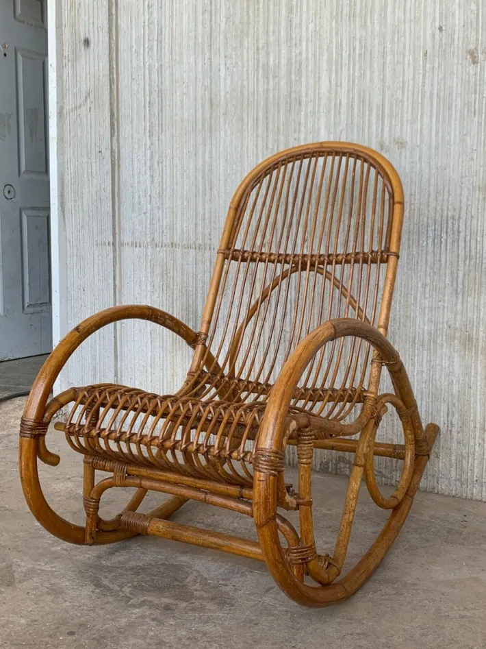 Pamono Set of Mid-Century Bamboo Rocking Chairs in the Style of Franco Albini, Italy New