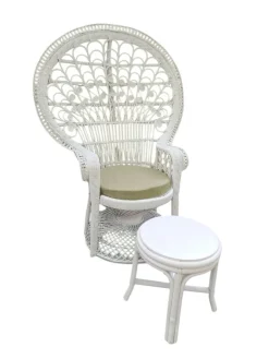 Pamono Set of Mid-Century White Rattan & Wicker Peacock Chair and Ottoman, 1970s Best