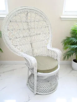 Pamono Set of Mid-Century White Rattan & Wicker Peacock Chair and Ottoman, 1970s Best