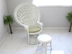 Pamono Set of Mid-Century White Rattan & Wicker Peacock Chair and Ottoman, 1970s Best