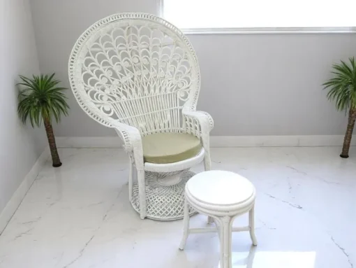 Pamono Set of Mid-Century White Rattan & Wicker Peacock Chair and Ottoman, 1970s Best