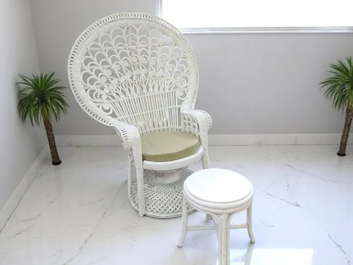 Pamono Set of Mid-Century White Rattan & Wicker Peacock Chair and Ottoman, 1970s Best