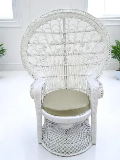 Pamono Set of Mid-Century White Rattan & Wicker Peacock Chair and Ottoman, 1970s Best
