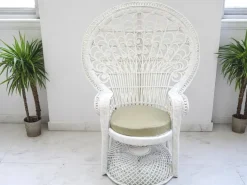Pamono Set of Mid-Century White Rattan & Wicker Peacock Chair and Ottoman, 1970s Best