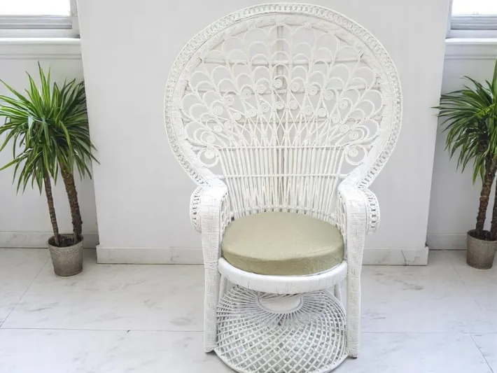 Pamono Set of Mid-Century White Rattan & Wicker Peacock Chair and Ottoman, 1970s Best