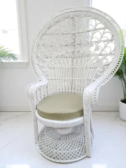 Pamono Set of Mid-Century White Rattan & Wicker Peacock Chair and Ottoman, 1970s Best