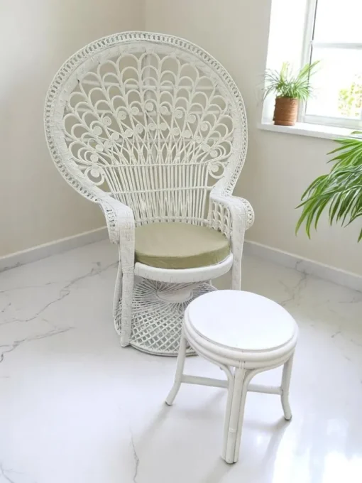 Pamono Set of Mid-Century White Rattan & Wicker Peacock Chair and Ottoman, 1970s Best