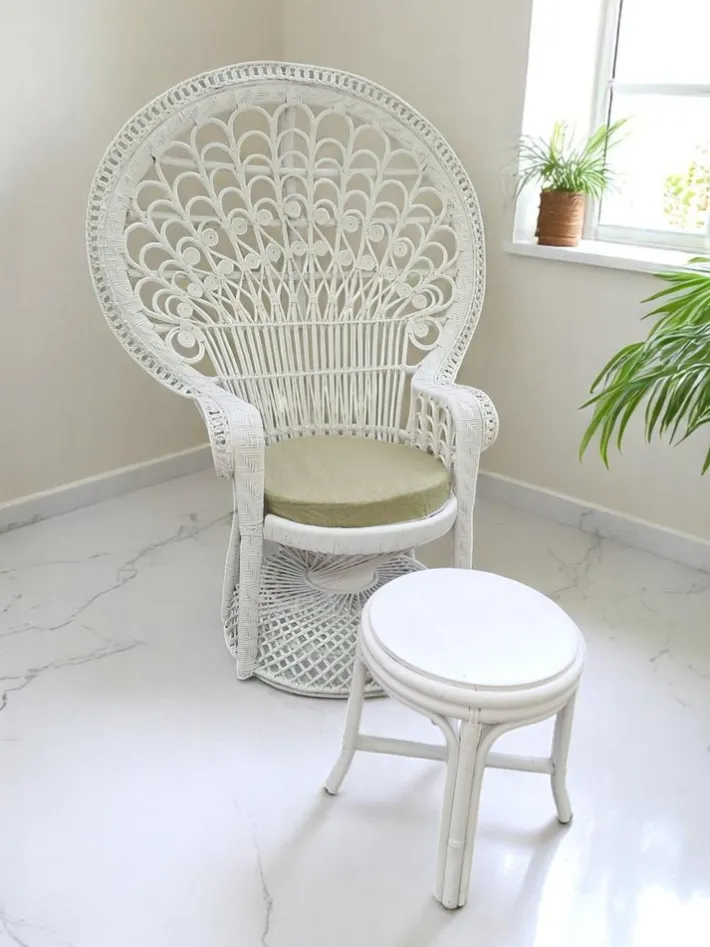 Pamono Set of Mid-Century White Rattan & Wicker Peacock Chair and Ottoman, 1970s Best