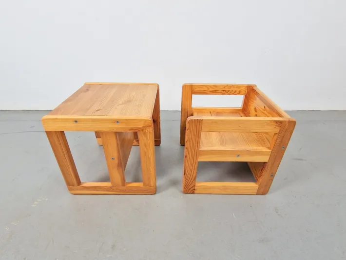 Pamono Set of Pine Children's Table Chairs by Marcel Gascoin, France, 1970s Best