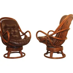 Pamono Set of Rattan & Leather Swivel Lounge Chairs, 1960s New