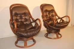 Pamono Set of Rattan & Leather Swivel Lounge Chairs, 1960s New